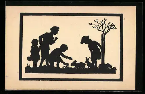 Künstler-AK Anna Schirmer: Bei den Hasen, Scherenschnitt, Serie 157 Nr. 1887