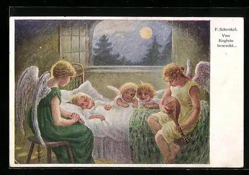 Künstler-AK Franziska Schenkel: Von Englein bewacht, Mädchen beim Schlafen
