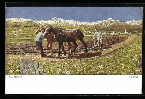 Künstler-AK Giovanni Segantini: Bauern mit dem Pferdepflug bei der Feldarbeit