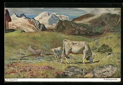 Künstler-AK Giovanni Segantini: Frühlingsweide, grasende Kuh