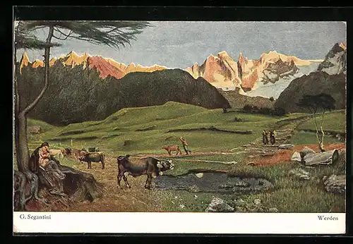 Künstler-AK Giovanni Segantini: Werden, Mutter mit Kind auf einer Almwiese