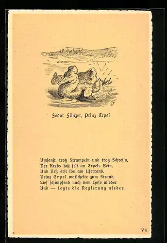 Künstler-AK sign. O. Richter: Prinz Erpel paddelt aufgeregt von dannen