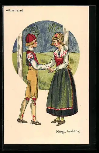 Künstler-AK sign. Margit Broberg: Värmland, Paar in schwedischer Tracht