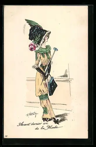 Künstler-AK sign. Roberty: Elegant gekleidete junge Frau mit tollem Hut