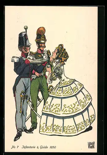 Künstler-AK sign. W. von May: Schweizer Uniformen, No 7, Infanterie & Guide 1850