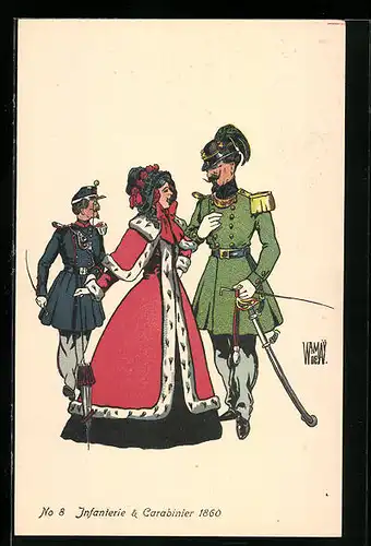 Künstler-AK sign. W. von May: Schweizer Uniformen, No 8, Infanterie & Carabinier 1860
