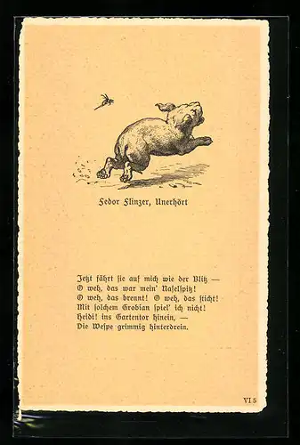 Künstler-AK sign. O. Richter: Fedor Flinzer, Unerhört, Hund Fips wird von einer Wespe gejagt