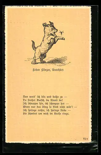 Künstler-AK sign. O. Richter: Fedor Flinzer, Unerhört, Hund Fips kämpft mit einer Wespe