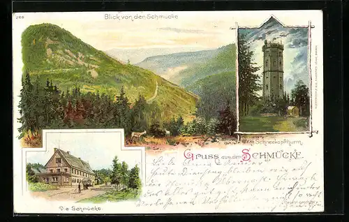 Lithographie Gehlberg, Gasthaus Schmücke, Schneekopfturm, Panorama