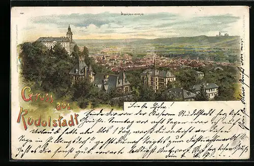 Lithographie Rudolstadt, Panorama aus der Vogelschau