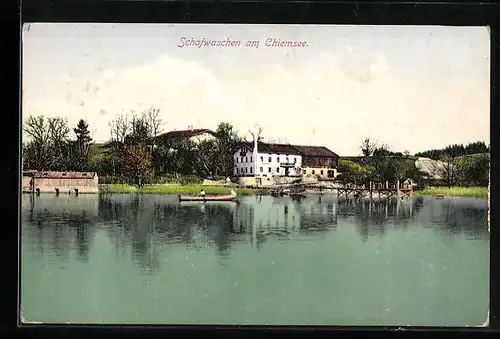 AK Schafwaschen /Chiemsee, Ortsansicht vom Wasser aus