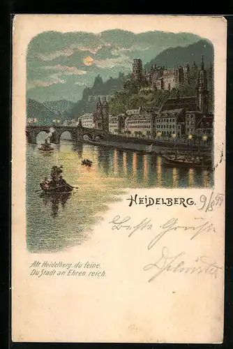 Lithographie Heidelberg, Teilansicht mit Schloss