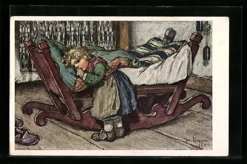 Künstler-AK sign. Jac. Happ: Kind an der Wiege