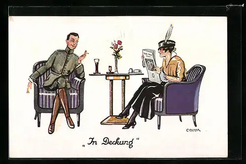 Künstler-AK sign. Cibulka: In Deckung, Soldat hat eine Dame ins Auge gefasst
