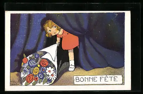 Künstler-AK sign. Tito Saubidet: Bonne Fete, Mädchen mit Blumenstrauss