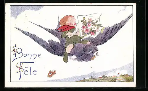 Künstler-AK sign. Raynolt: Bonne Fete, Däumling reitet auf Schwalbe