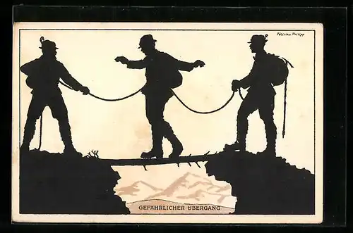Künstler-AK sign. Felicien Philipp: Bergsteiger bei gefährlichem Übergang