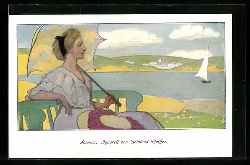 Künstler-AK sign. Rheinhold Pfeiffer: Dame sitzt auf einer Bank am See, Sommer