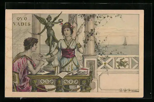 Künstler-AK sign. G. G. Bruno: Quo Vadis, Römisches Paar in seiner Villa