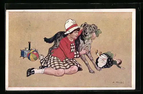 Künstler-AK sign.: F. Thiel, Mädchen spielt mit ihrem Hund