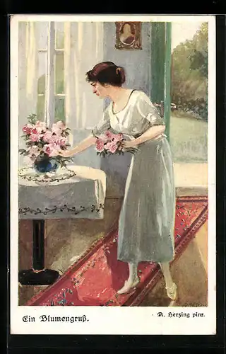 Künstler-AK sign. A. Herzing: Ein Blumengruss, Junge Frau mit Rosen