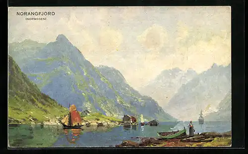 Künstler-AK Norangfjord, Uferpartie der Ortschaft