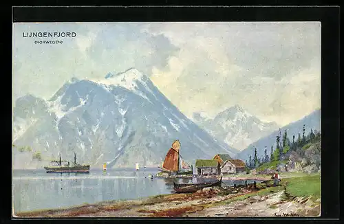 Künstler-AK Lijngenfjord, Uferpartie der Ortschaft