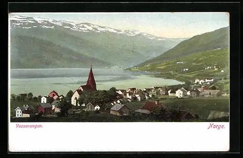 Lithographie Vossevangen, Ortsansicht aus der Vogelschau