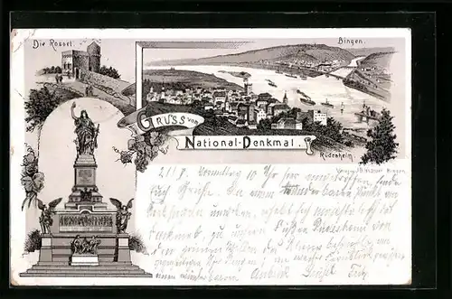 Lithographie Rüdesheim, National-Denkmal, Rössel, Blick auf Bingen