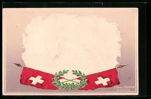 Präge-Lithographie Luzern, Löwen-Denkmal, Flaggen der Schweiz