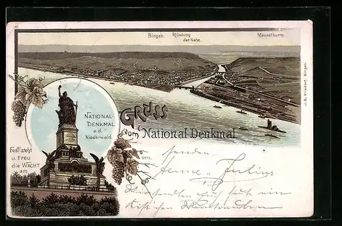 Lithographie Bingen, National-Denkmal auf dem Niederwald, Gesamtansicht