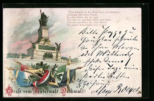Lithographie Rüdesheim, Niederwald-Denkmal, Flaggen und Eichenblätter