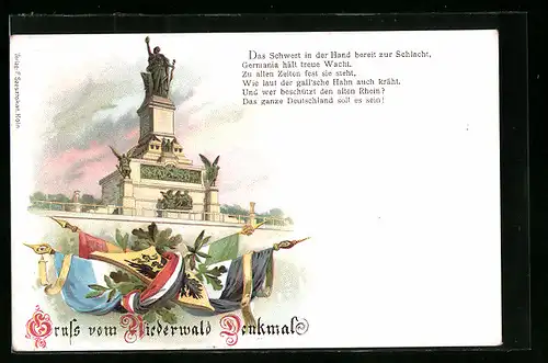 Lithographie Rüdesheim, Niederwald-Denkmal, Flaggen und Eichenblätter