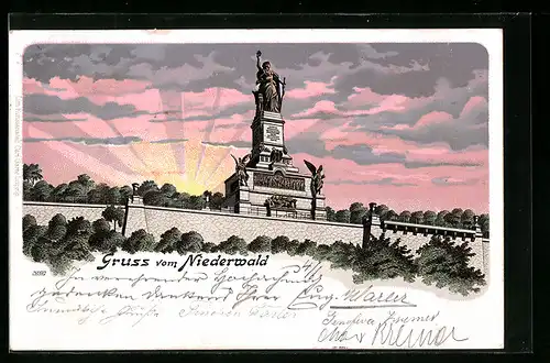 Lithographie Rüdesheim, Niederwald-Denkmal bei Abendsonne