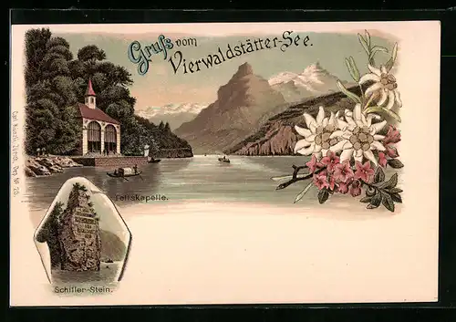 Lithographie Sisikon, Tellskapelle, Schillserstein, Vierwaldstättersee