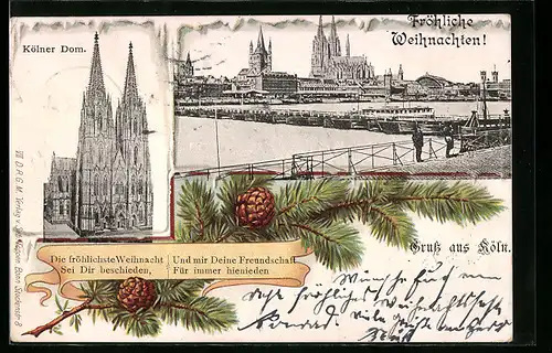 Lithographie Köln, Kölner Dom, Stadt mit Rheinbrücke