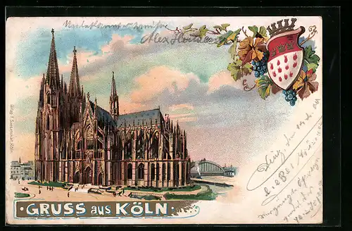 Lithographie Köln, Gesamtansicht vom Dom, Stadtwappen