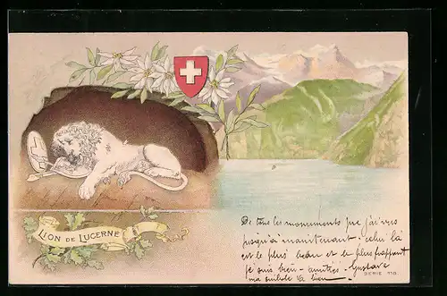 Präge-Lithographie Luzern, Löwen-Denkmal, Schweizer Wappen, Gebirgsansicht
