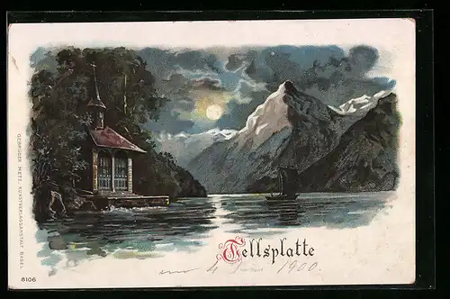 Mondschein-Lithographie Sisikon, Tellsplatte mit Tellskapelle