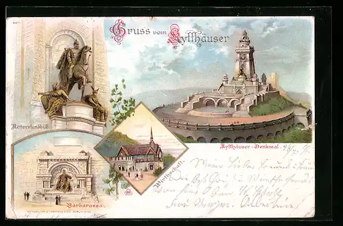 Lithographie Kyffhäuser, Kaiser Wilhelm-Denkmal, Wirtschaft, Barbarossa, Reiterstandbild
