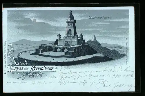 Mondschein-Lithographie Kyffhäuser, Kaiser Wilhelm-Denkmal