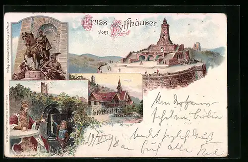 Lithographie Kyffhäuser, Kaiser Wilhelm-Denkmal, Reiterstandbild, Wirtschaft