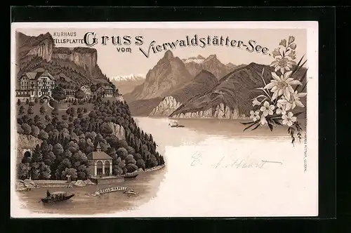 Lithographie Sisikon, Tellskapelle, Kurhaus Tellsplatte am Vierwaldstätter See