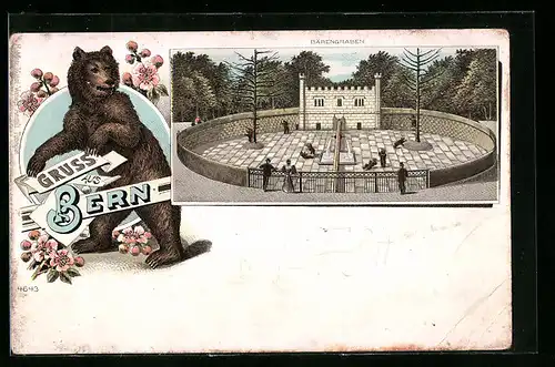 Lithographie Bern, Bärengraben, Gesamtansicht, Bär
