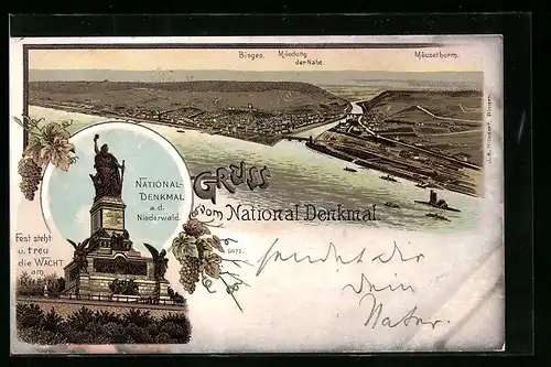 Lithographie Rüdesheim, National-Denkmal auf dem Niederwald, Totale mit Blick auf Bingen