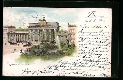 Lithographie Berlin, Brandenburger Tor mit Wasserspiel, Glitzer-Perl