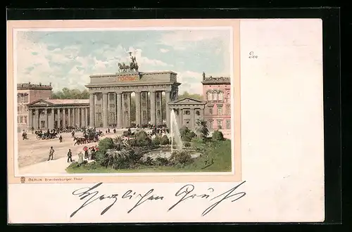 Lithographie Berlin, Passanten vor dem Brandenburger Tor