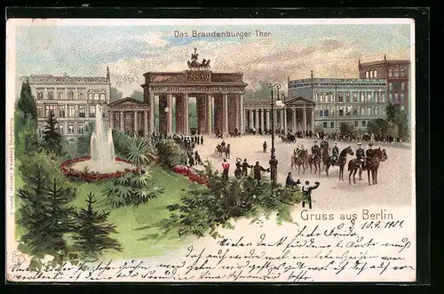 Lithographie Berlin, Blick von den Anlagen auf das Brandenburger Tor