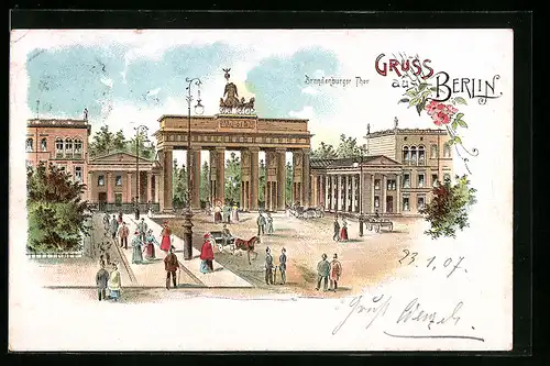Lithographie Berlin, Passanten vor dem Brandenburger Tor