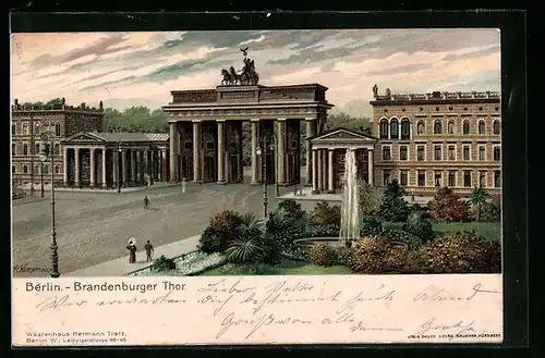 Lithographie Berlin, Brandenburger Tor aus den Anlagen gesehen